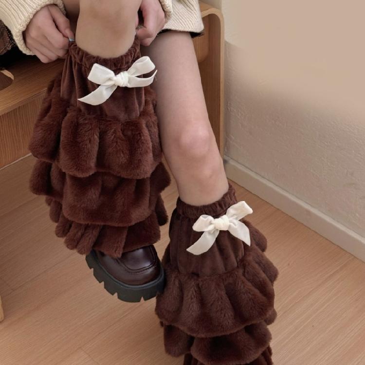 Winter Warm Furry Tiered Ruffle Leg Sleeves for Women Aesthetic Bowknot Fuzzy Leg Warmers Boot Covers Footless Socks