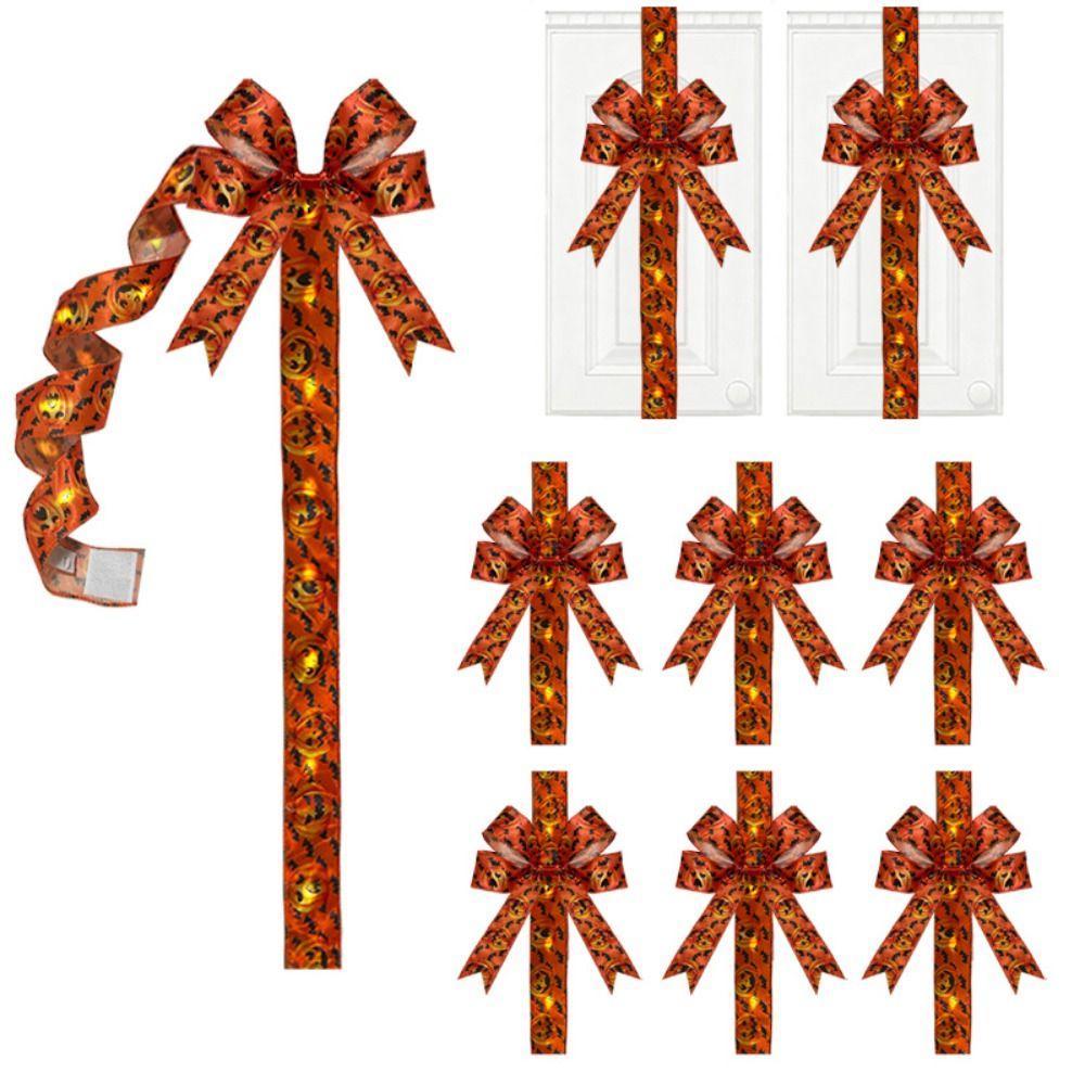 Satin Fabric Halloween Bow Black Color Light Up Design Lighted Bow Spooky Pattern Embroidered Fabric Bow Ornament