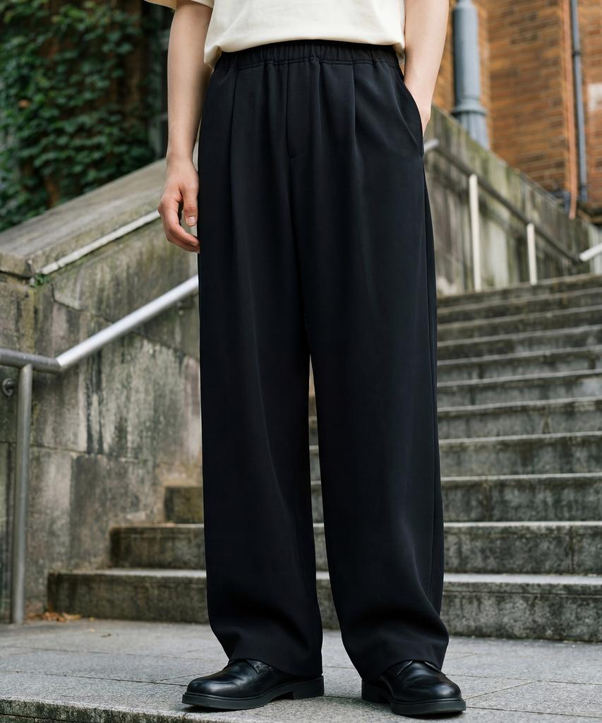 JEMUT Clean Single-Pleat Elastic Wide Slacks Black Kjlp2705