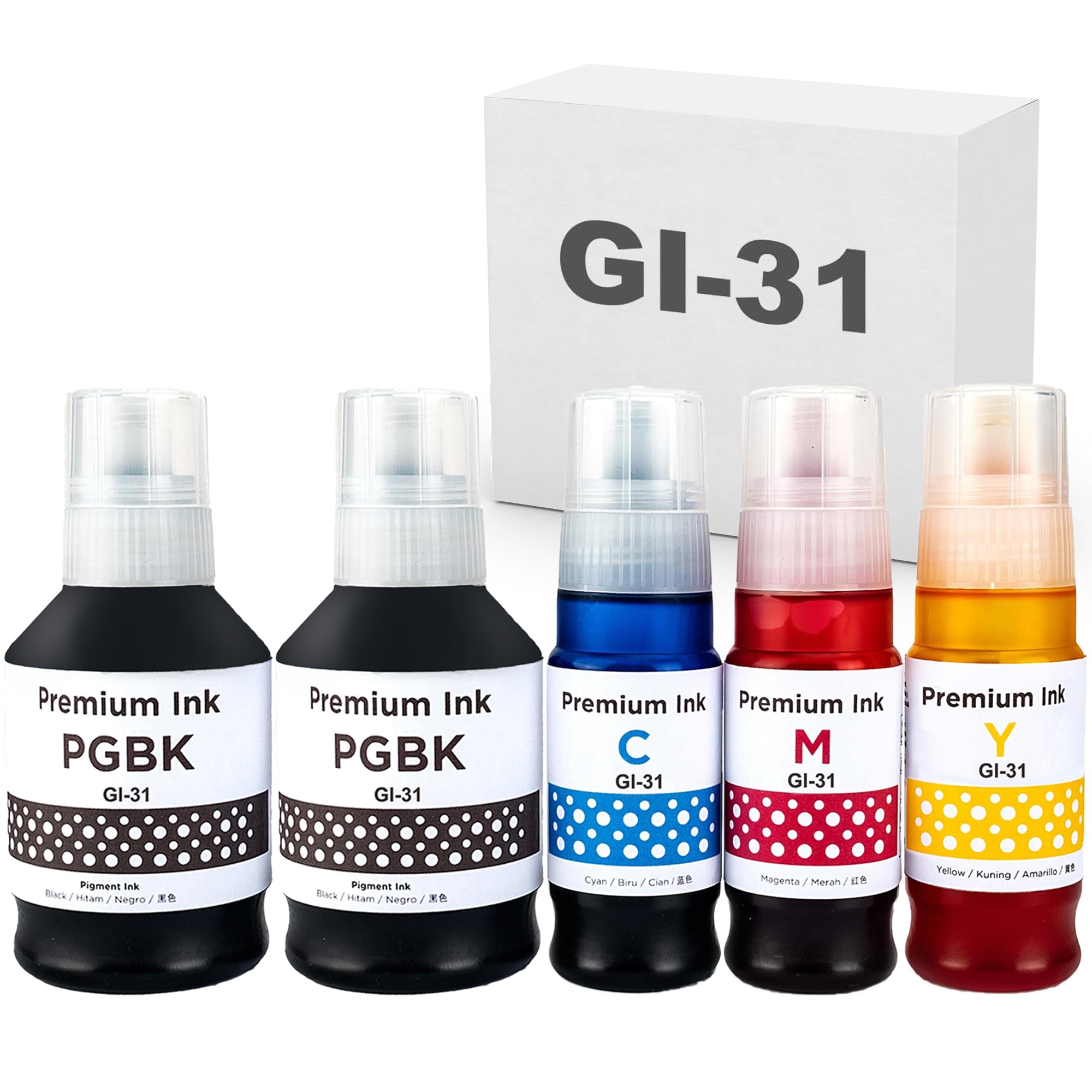 

Сумісні чорнильні пляшки для Canon і сумісні з і G1330 принтерами 5-Pack GI-31, GI-31PGBK, GI-31C, GI-31M, GI-31Y, G3360, G3370, G3390, чорний