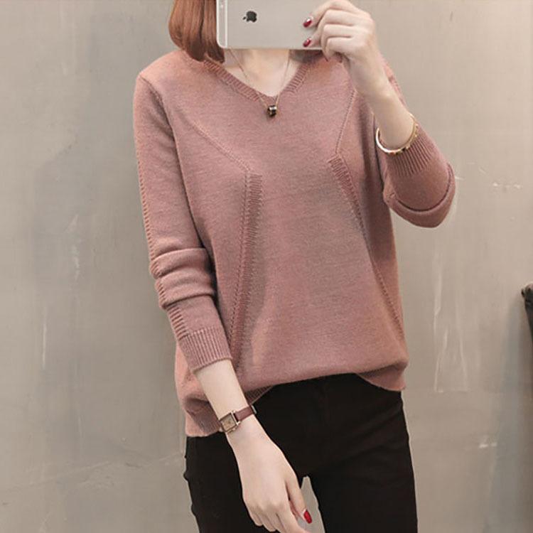 

V Neck Pullover Sweater Women Back Slit Fashion Slim Fit Base Layer Spring Autumn Long Sleeve Solid Knit Top One Size розовый