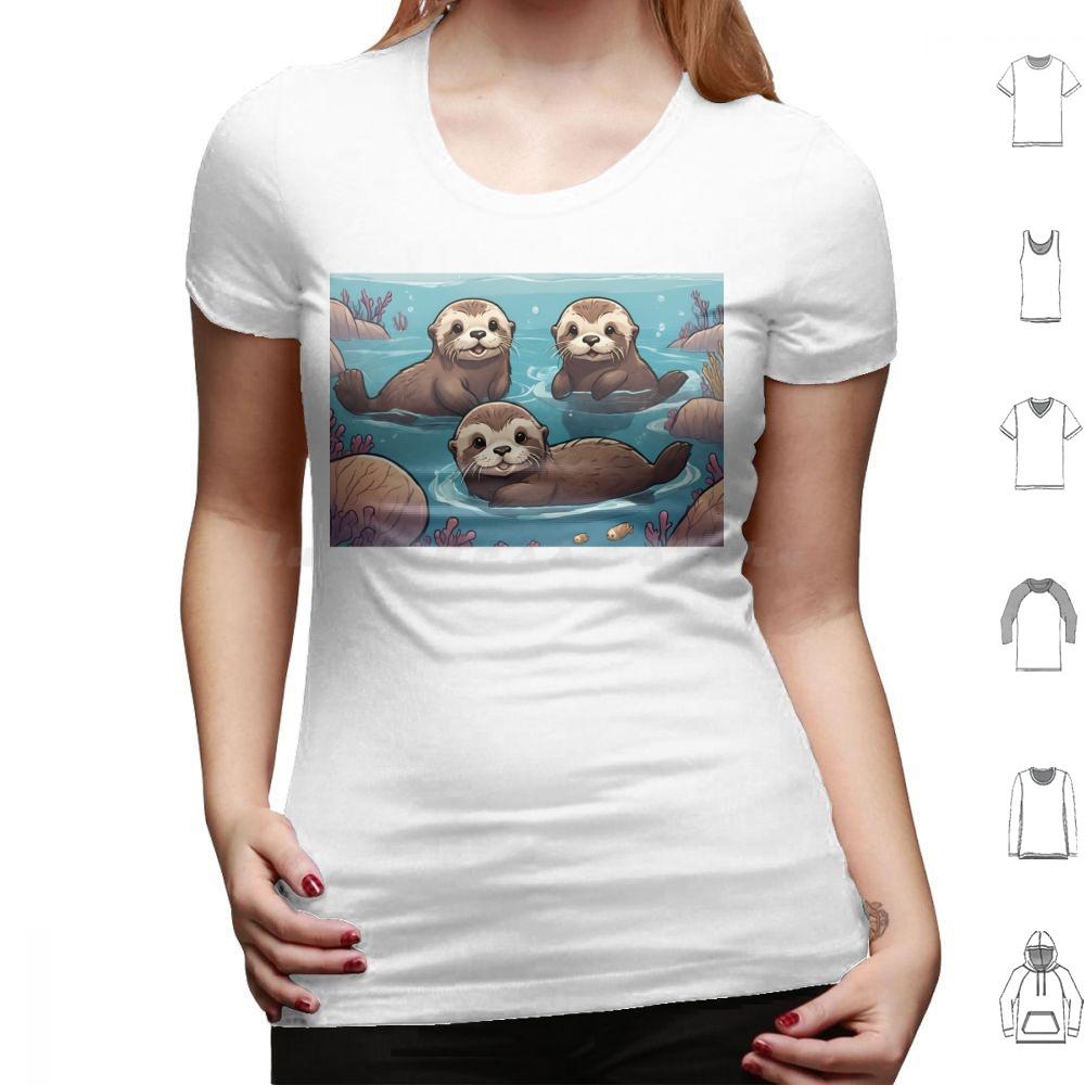 Playful Otters In The Ocean T Shirt Big Size 100 Cotton Otters Swimming Ocean Cute Adorable Family Joyful Playful Wildlife