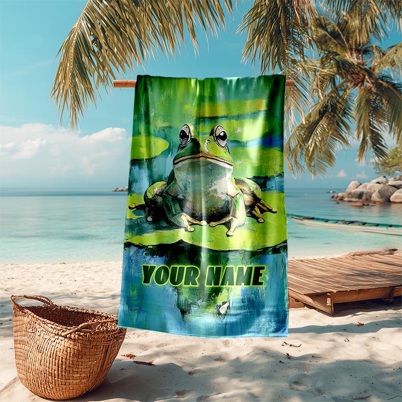 1PC Custom Name Frog Lily Pad Beach Towel Highly Absorbent And Sand-Resistant Towel for Swimming, Pool, Yoga, And Travel Lightweight