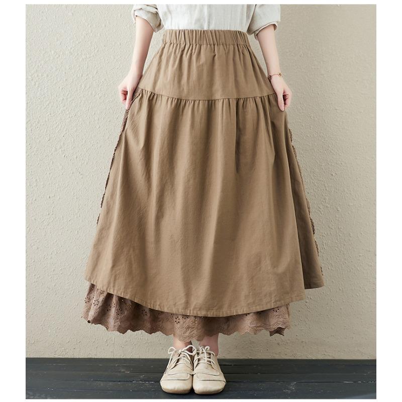 Vintage Mori Baumwolle Leinen Patchwork Spitze Röcke Alles Passend Elastische Taille Japanische A-Linien Damenröcke