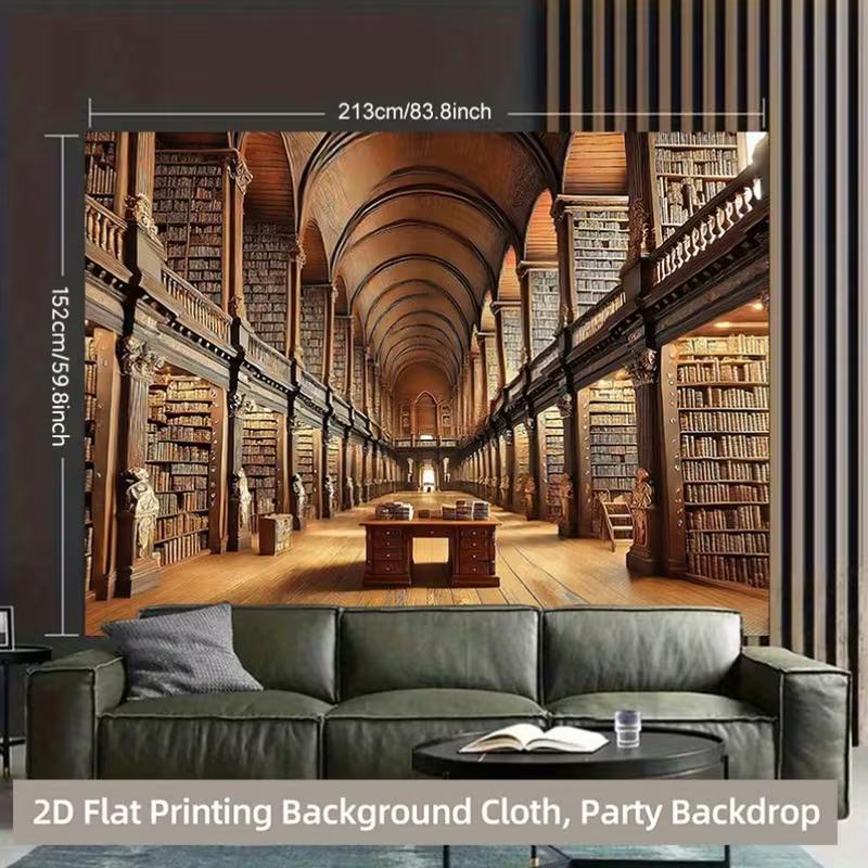 2D Retro Library Bookshelf Backdrop, Study Room Party Photography Background