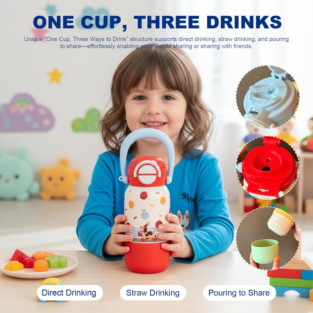3In1 Cartoon Water Cup with Shared Cup Portable Drinking Bottle 316 Stainless Steel Cute Pattern Straw Cup Gift for Friends