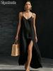 Summer New Solid Color Simple V-Neck Sling Dress Loose Fat Reducing Side Split A-Line Atmosphere Casual