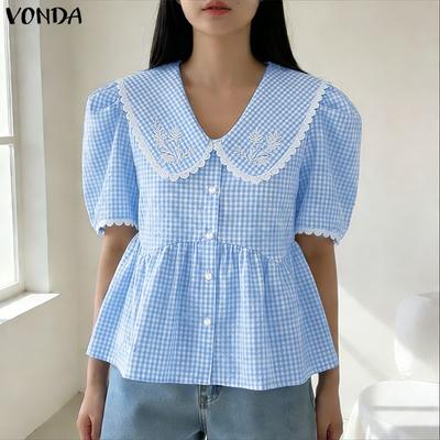 Sommer Damen Puppenkragen Kurzarm Kariert Print Lässige Bluse Oberteile