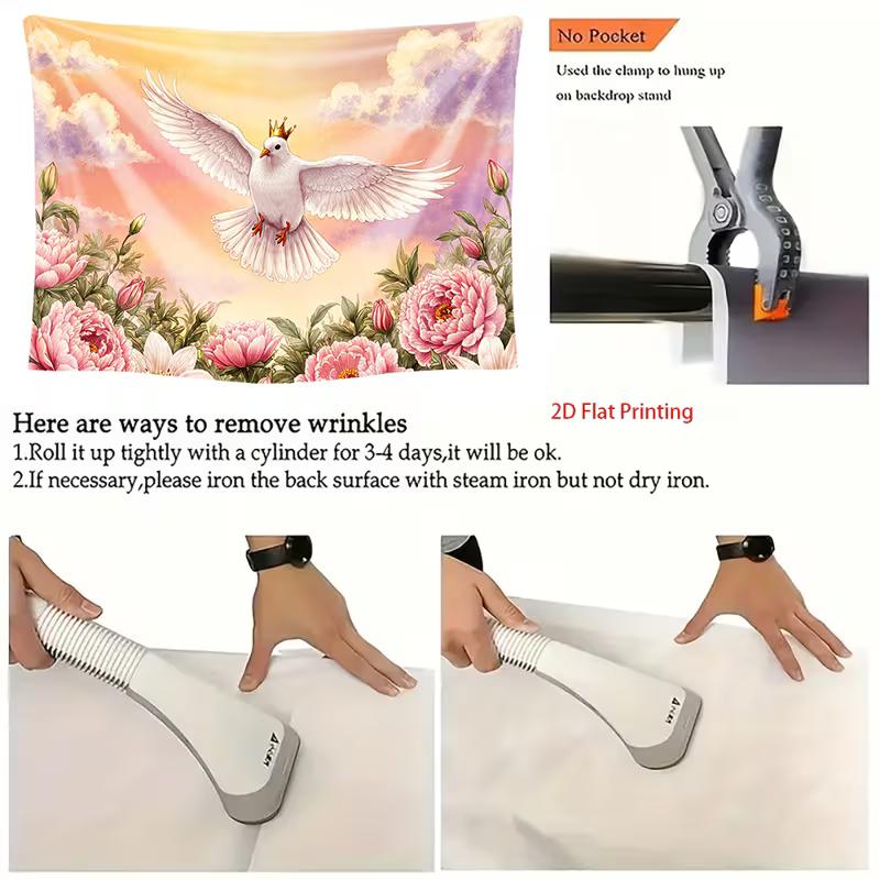 2D Crown White Dove Backdrop, Pink Peony & Sky Background Cloth for Wedding & Party