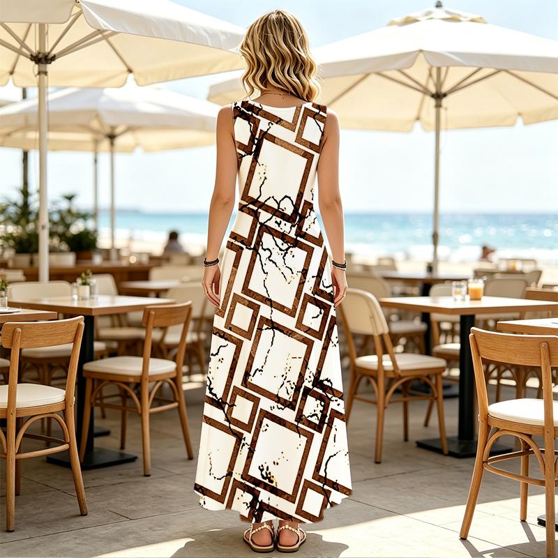 U-Neck Long Dress Geometric Collection Loose Fit,Lightweight Sleeveless,Chic Simple Summer Women's Wear,Versatile for Beach Vacation,Daily & Home Use