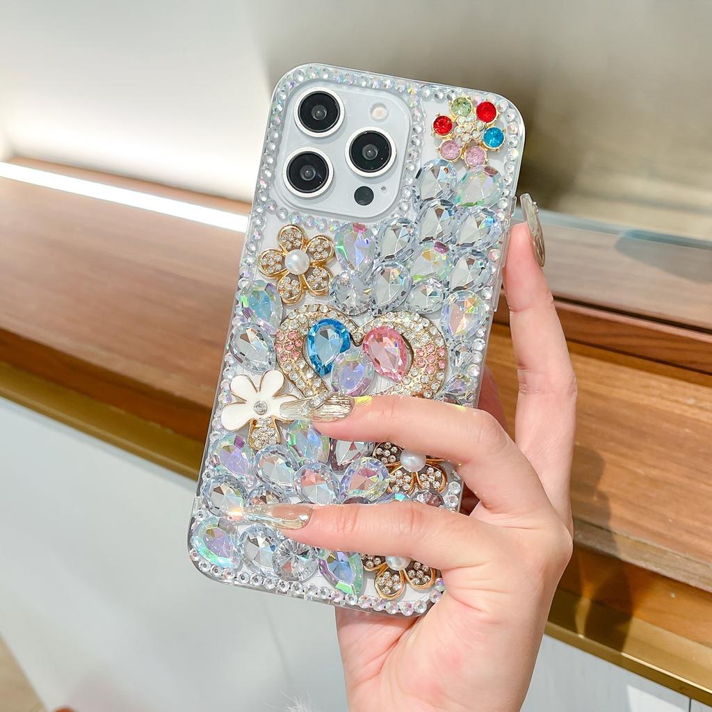 Luxury 3D Bling Glitter Crystal Rhinestone Heart Floral Phone Case For iPhone 17 16 15 14 13 12 11 Pro Max Air Mini 16e 8 7 Plus X XS XR
