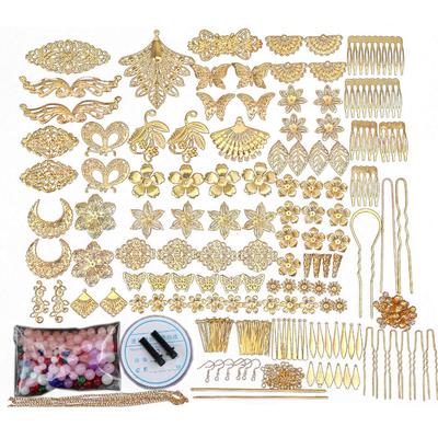 Felimore Handmade Accessories, Kanzashi (Japanese Hairpins), Earrings, and Metal Openwork Parts, Large Capacity Set (Gold)