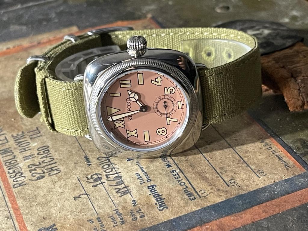 Military California Dial Watch Smoky Pink Green Fabric Strap M.R.M.W. Watch, Pink, Dial,
