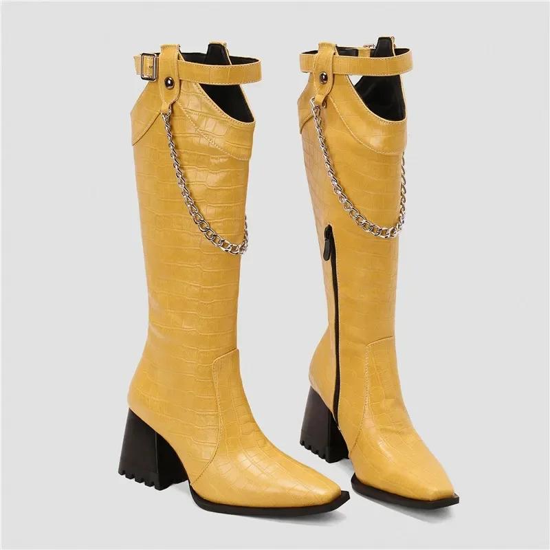 Winter Women Western Knee High Boots Yellow Brown Croc Block Heels Club Party Square Toe Vintage Buckle Chain Lady Cowboy Boots