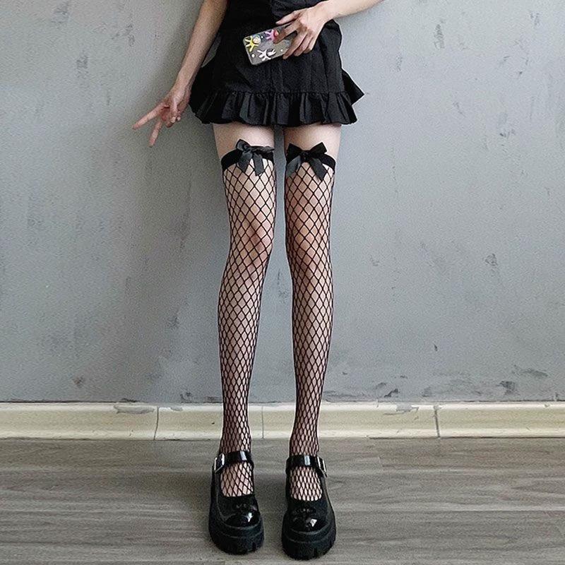 Women's Ultra-Thin Black Fishnet Stockings with Bow Lace – Sexy, Non-Slip Design