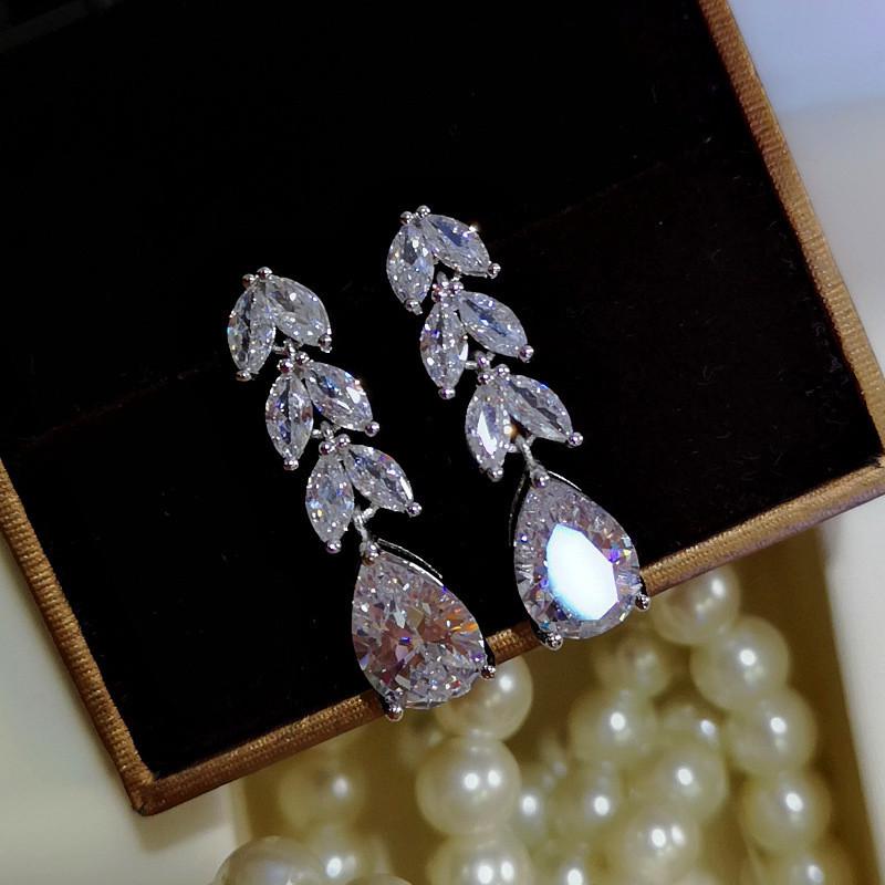 Cao Shi European & American Fashion Zircon Leaf Drop Earrings for Women