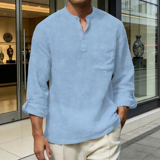 Chemise en Coton et Lin pour Homme à Manches Longues et Col Mao avec Poche sur la Poitrine Couleur Unie Chemise Décontractée de Vacances pour Voyage Été Plage Vacances Usage Quotidien