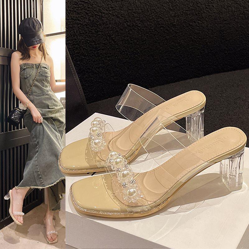 Cool Slippers Women's Thick Heel Slippers Women's Outer Wear Summer Internet Celebrity Fashion Belt with One Word Transparent High Heel Crystal One W
