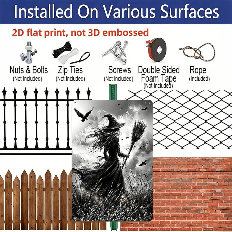 2D Flat, 1pc Gothic Witch Broomstick Black Crow Aluminum Halloween Sign, Halloween Wall Decor for Haunted House, Party, Home, Bathroom - Spooky