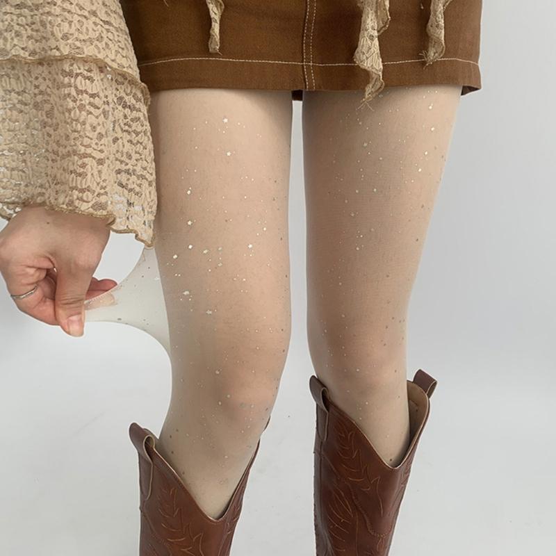 Women Sweet JK Preppy Ultra-Thin Sheer Pantyhose Stockings Glitter Rhinestones Dots See-Through Tights Leggings Hosiery
