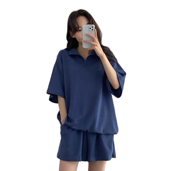 

2 шт./компл., комплект из толстовки и шорт, свободный однотонный комплект с лацканами и половиной рукавов, карманы с эластичной резинкой на талии, воротник на молнии, дышащий мягкий летний спортивный костюм M синий