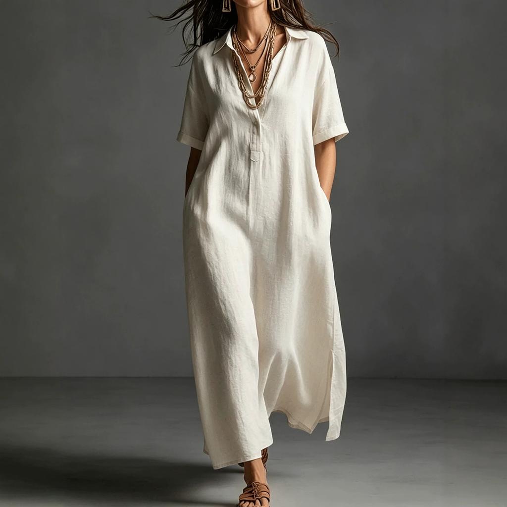 Womens Cotton Maxi Dress Short Sleeve Loose Fit Casual Shirt V Neck Button Long Kaftan Summer Beach Dress with Pockets