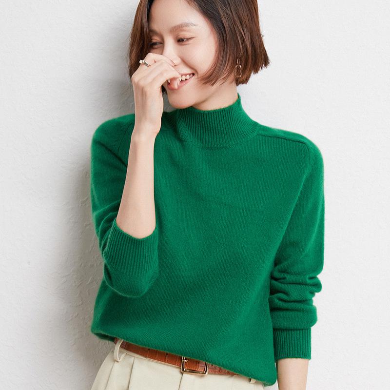 Women's 100% Wool Thickened Saddle Shoulder Sweater – Soft and Warm Half-High Neck Knitwear for Autumn and Winter