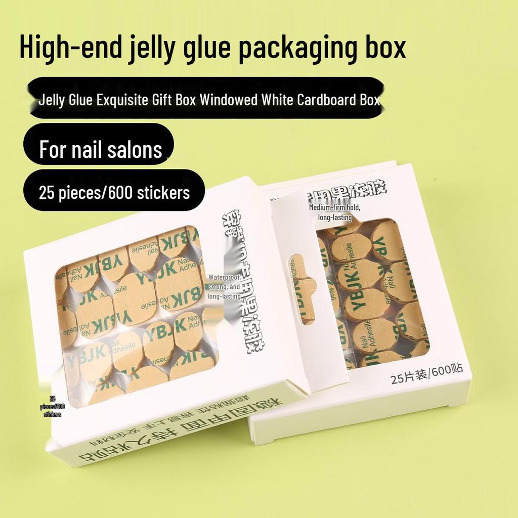 YBJK Boxed Jelly Glue: Upgraded Super Sticky Waterproof Nail Adhesive - 600 Kraft Paper Stickers, 25 Sheets