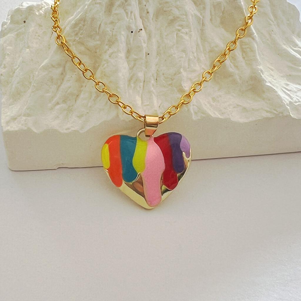 Heart Shape Rainbow Drip Enamel Earrings Necklace Set Necklace And Earrings Lightweight Alloy For Daily Wear Party Gifts