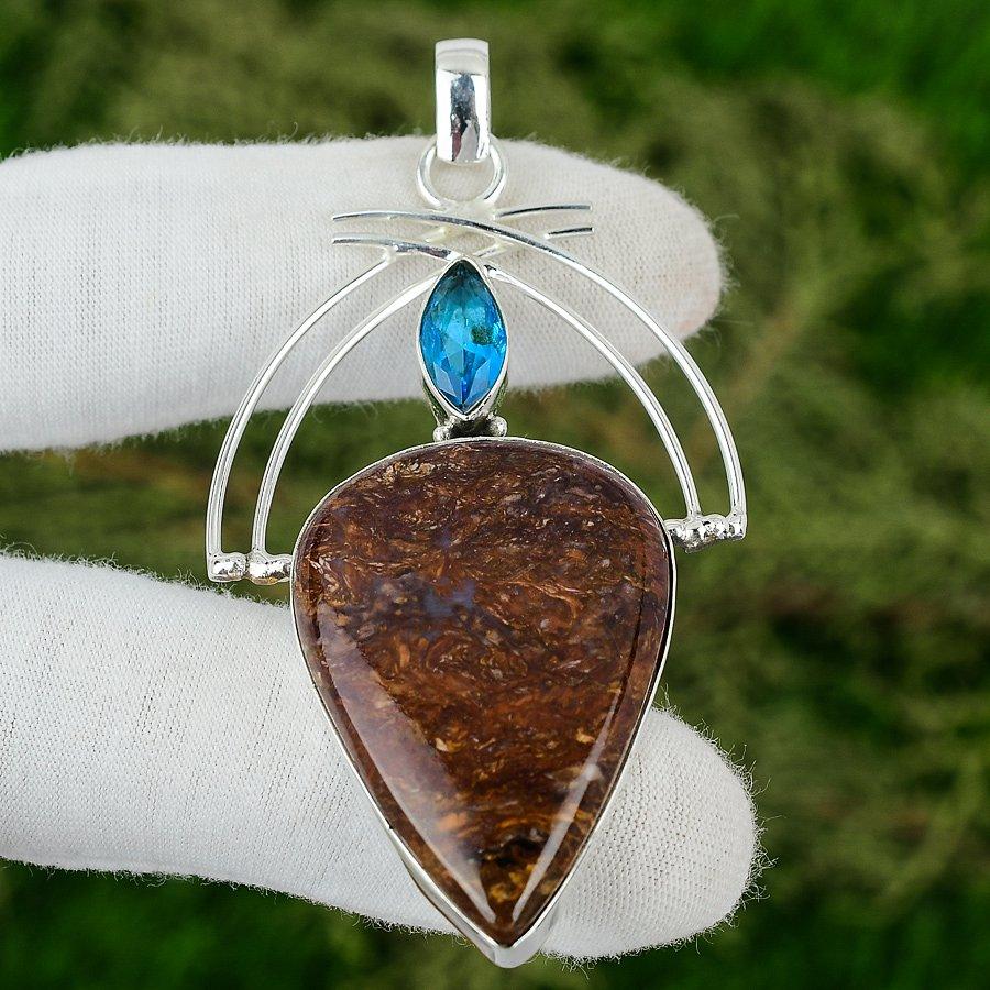 

Марокканский шовный агат драгоценный камень швейцарский голубой топаз стерлинговое серебро кулон для дочери