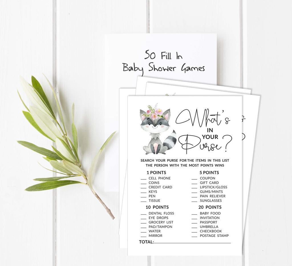Inkdotpot Floral Raccoon Baby Shower Game Set Of 50 BabyA  AlphabetA  ABCA  Game Gender Neutral Party