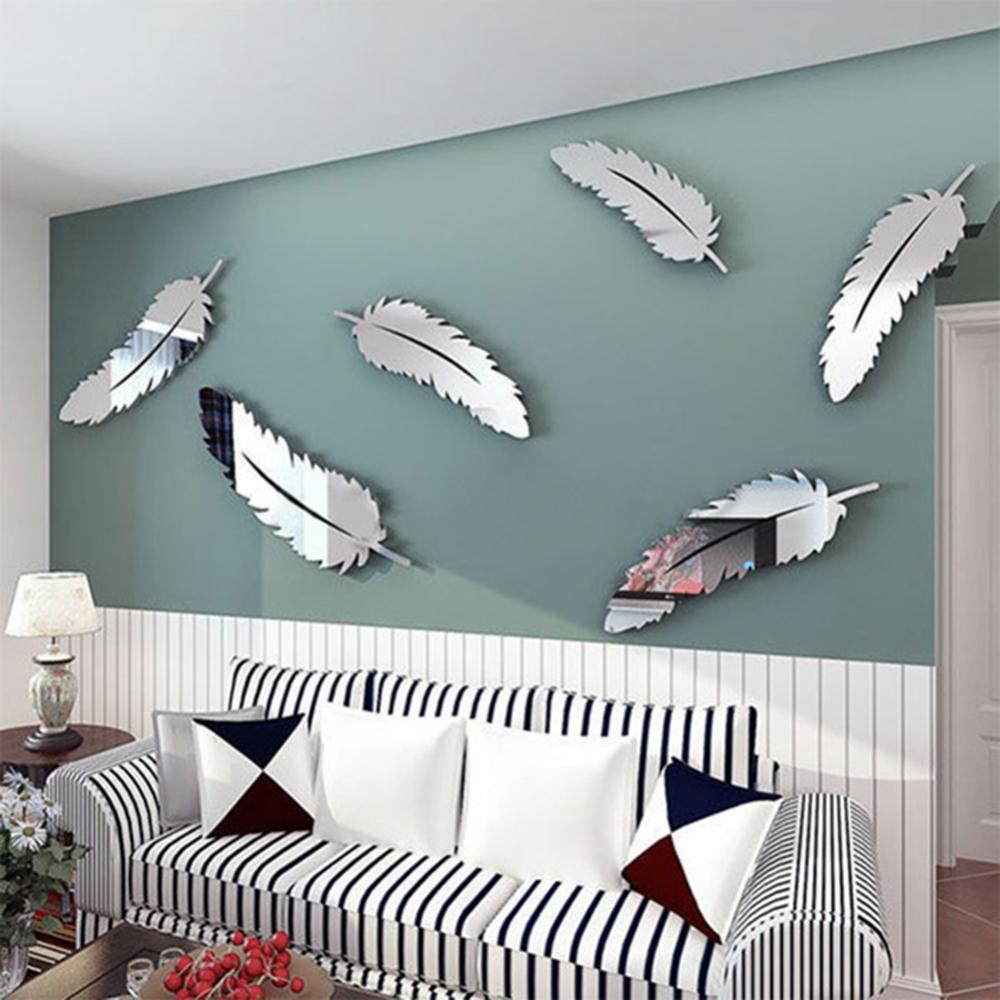 8 Pcs/Set Feather Plume 3D Mirror Wall Sticker For Living Room Art Home Decor Vinyl Decal DIY Acrylic Sticker Mural Wallpaper