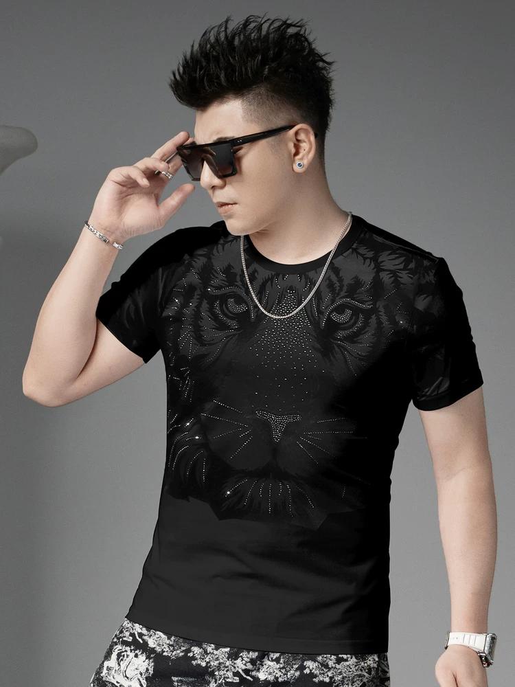 

European Goods 2025 Summer New Men s Tiger Head Rhinestone Printed T-Shirt Half-Sleeved Casual Top Round Neck Short-Sleeved T-Shirt M зелёный