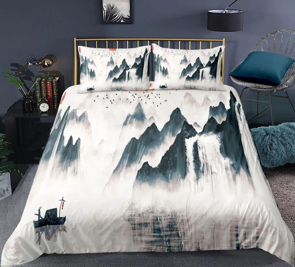 Nature Landscape Duvet Cover King/Queen Size,Chinese Ink Painting Style Bedding Set Mountain River 2/3Pcs Polyester Quilt Cover