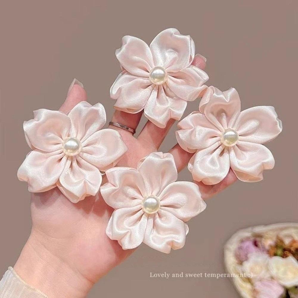 4PCS/set Fashion Pearl Pink Sakura Hairpins Headwear Satin Floral Side Hair Clips Pink Flower Hair Clip Women