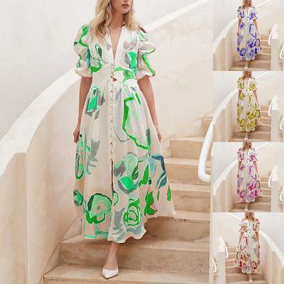 Women's Boho Print V Neck Dress Ladies Beach Holiday Fashion Loose Dress