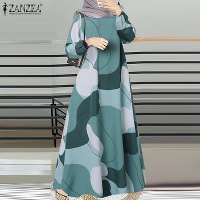 Women Casual O-neck Printing Long Sleeve Maxi Dress