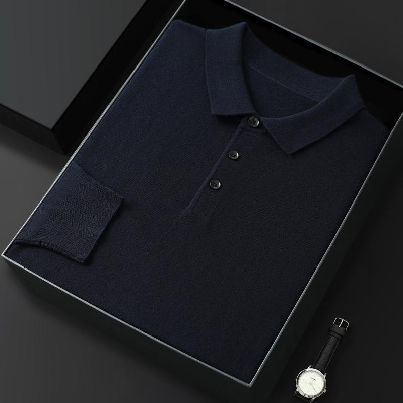 Men's Spring and Autumn Casual Polo Collar Long-sleeved Knit Shirt Solid Color Loose Business Pullover Tops