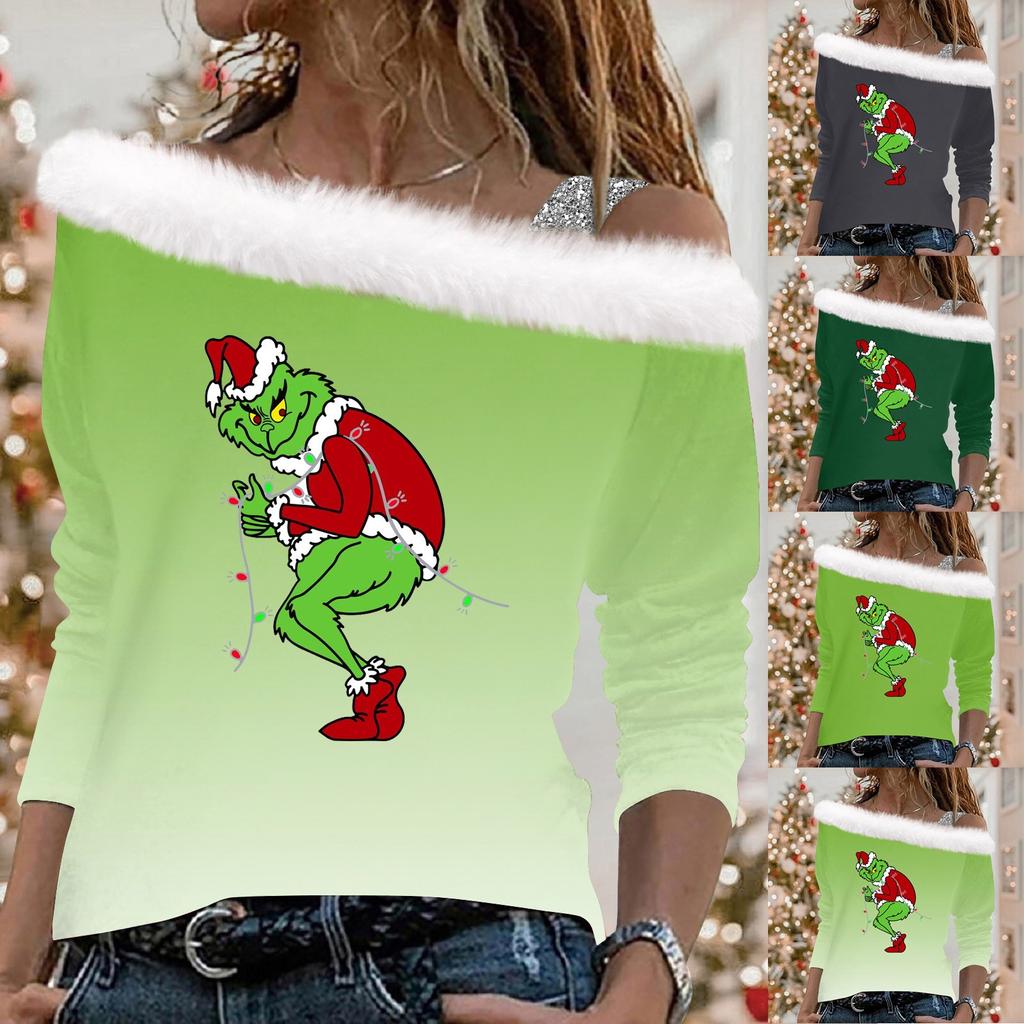 Damskie bluzki z długim rękawem luźne bluzki typu pulower z nadrukiem świątecznym