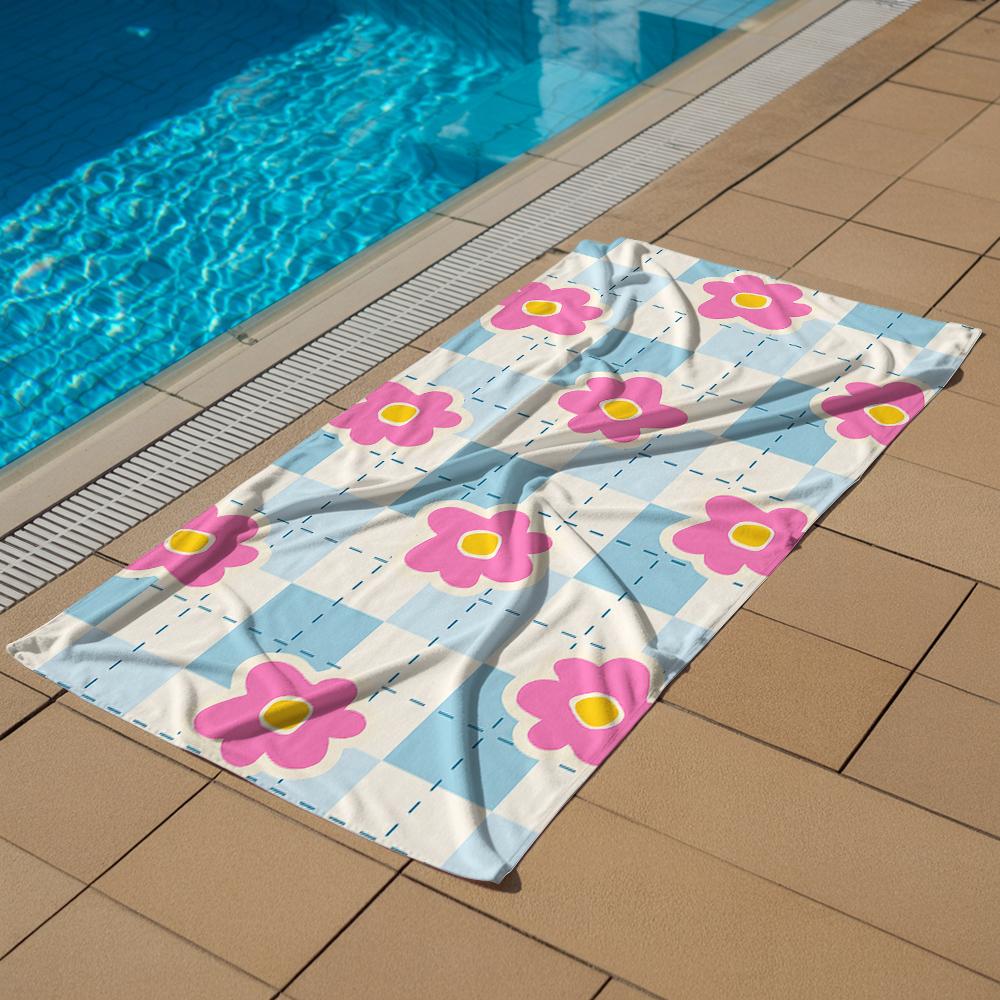 Stitched Gingham Pink Bloom Microfiber Quick Dry Beach Towel Cute Cartoon Anime Absorbent Soft Bath Towel for Travel Adult Kids