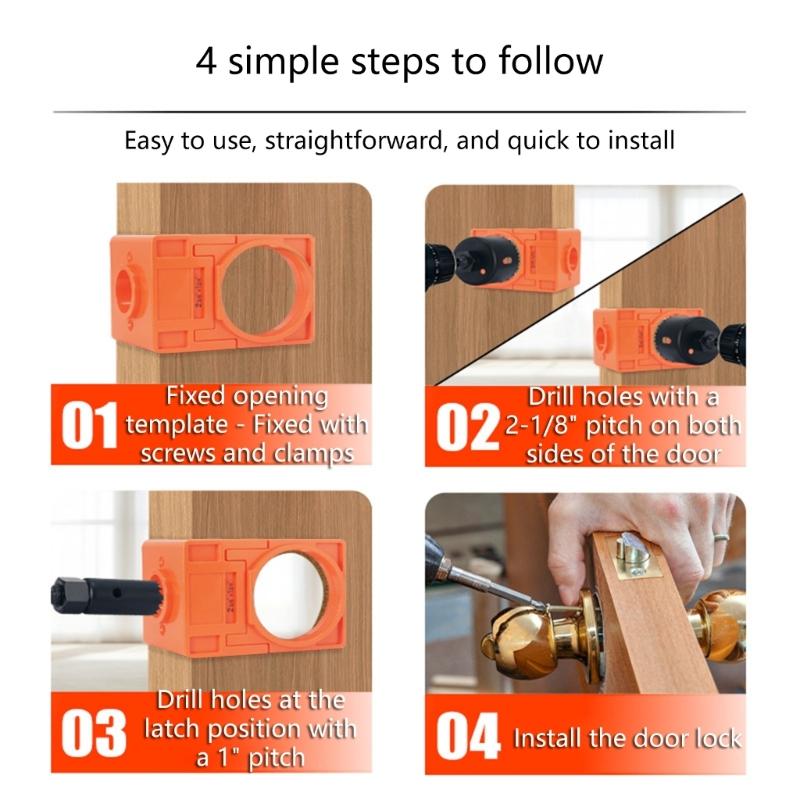 4Pcs Adjustable Door Lock Drilling Kit Featuring Reinforced Plastic Guide for Easy Installation Standard Size