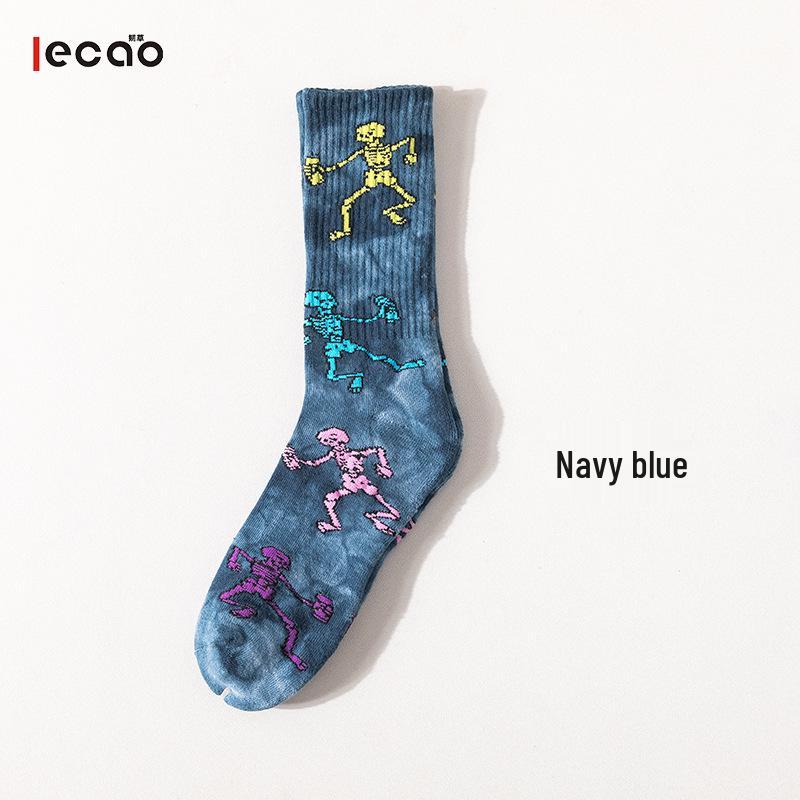 

Trendy Tie-Dye Skull Knee-High Skate Socks - Terry Streetwear Cotton Plus Size Basketball Socks темно-синий
