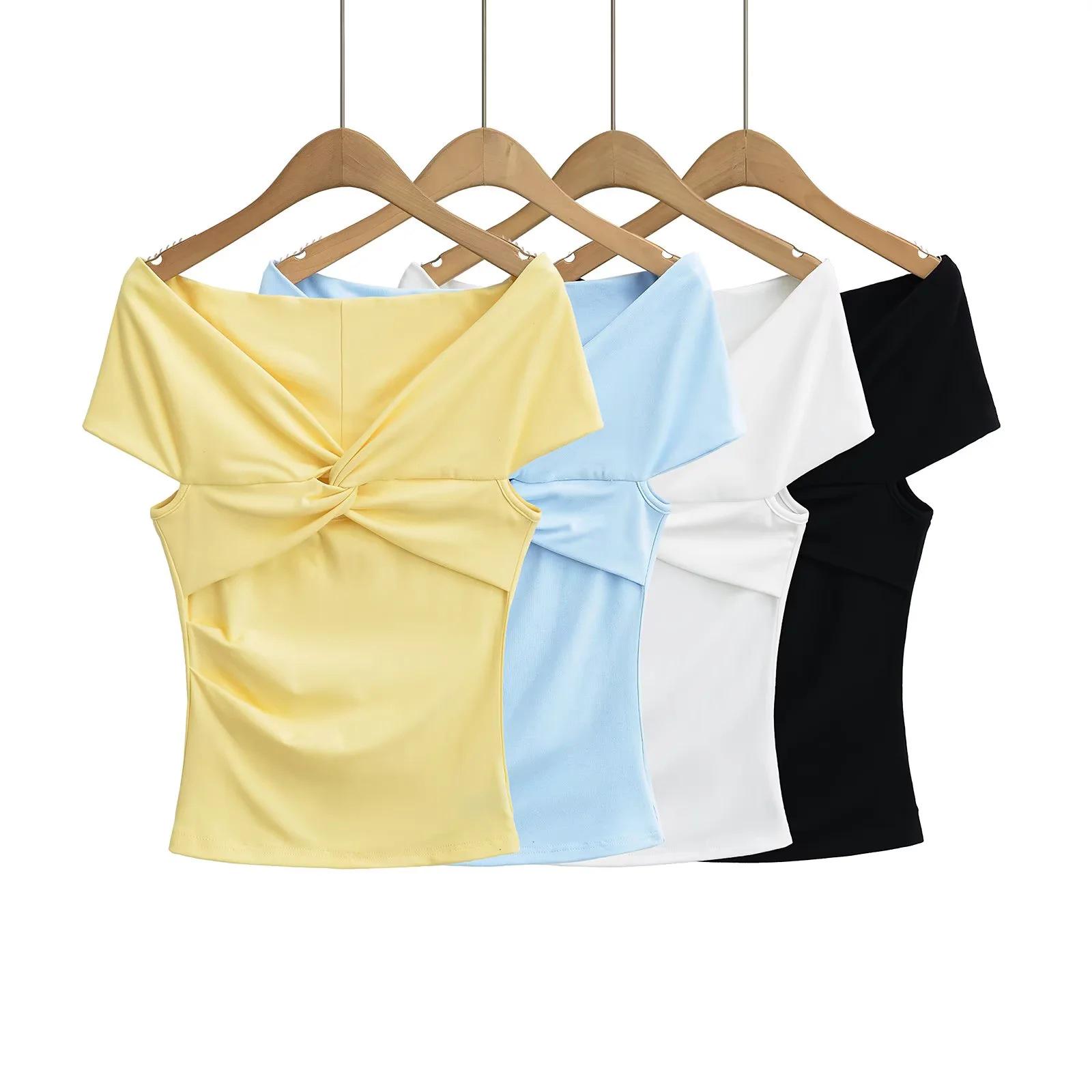 

Chic Summer Off-Shoulder Twist Knot Ruched T-Shirt for Women Medium