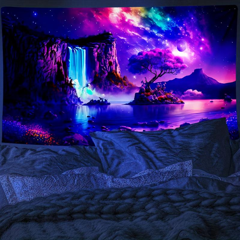 VIKAMA Fantasy Starry Sky Waterfall Tapestry with Purple Tree Nebula for Bedroom Living Room Decor Aesthetic Cyber Healing Wall