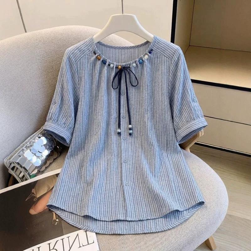 Striped front shoulder short-sleeved shirt women's summer new large size slightly fat mm beaded doll shirt top A