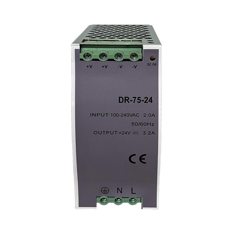 DR 75W 12V 24V 48V DC Ayarlanabilir Ray Tipi Küçük Hacimli Anahtarlamalı Güç Kaynağı Transformatörü Çıkış Gerilimi 1.6A 3.2A 6.5A