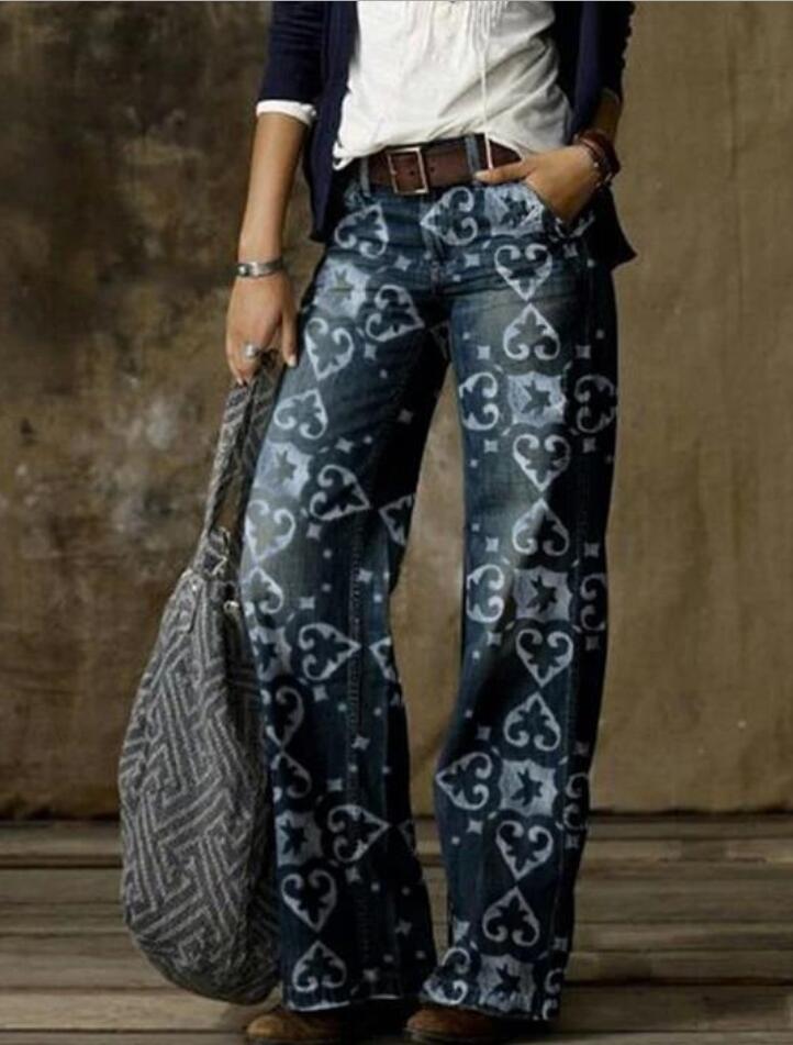 Europäische und amerikanische Übergröße Damen Casual Weitbein Imitationsjeans