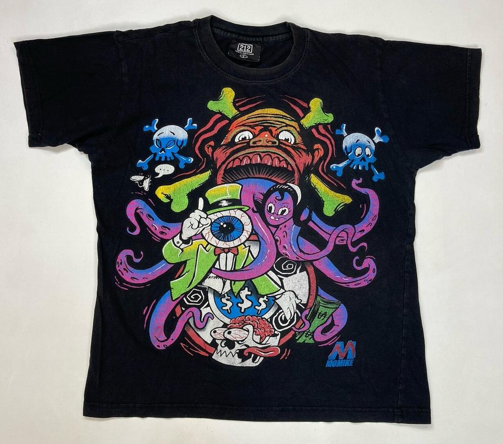 VINTAGE Momike Art Monsters Graphic T-shirt Men Large Black Short Sleeve 90s