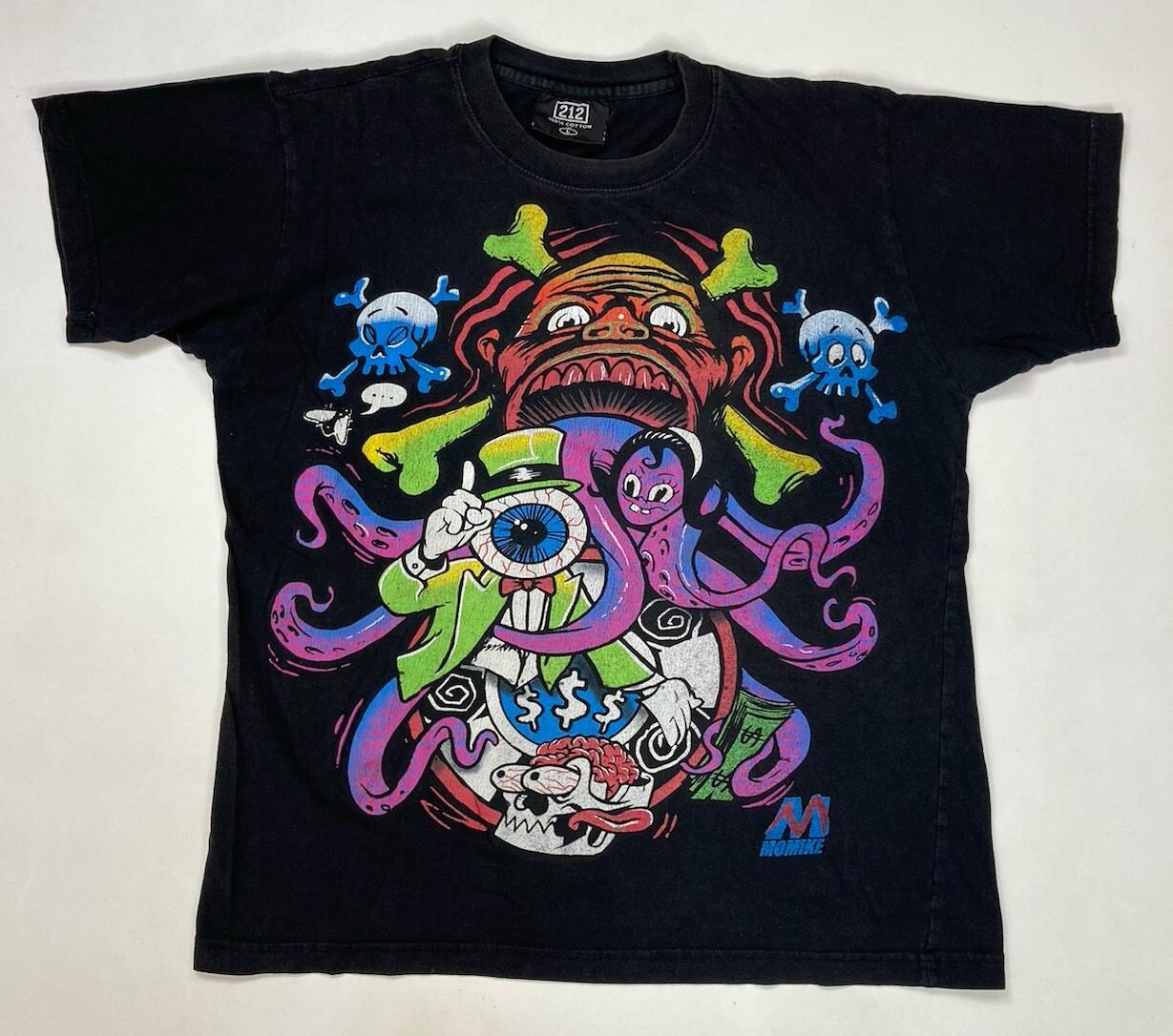 VINTAGE Momike Art Monsters Graphic T-shirt Men Large Black Short Sleeve 90s L