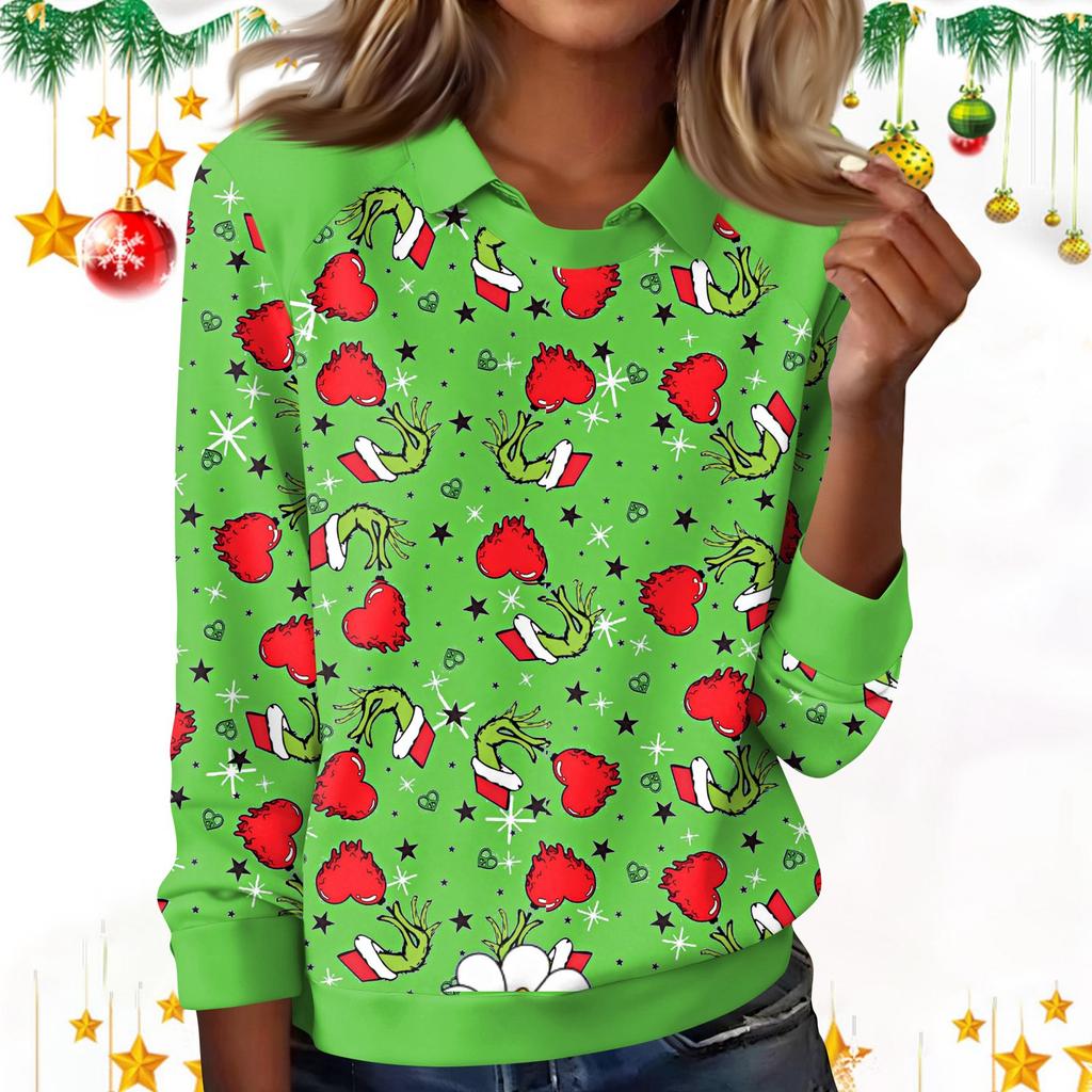 Women's Fashion Christmas Print Lapel Long Sleeve Casual Crewneck T-Shirt Top